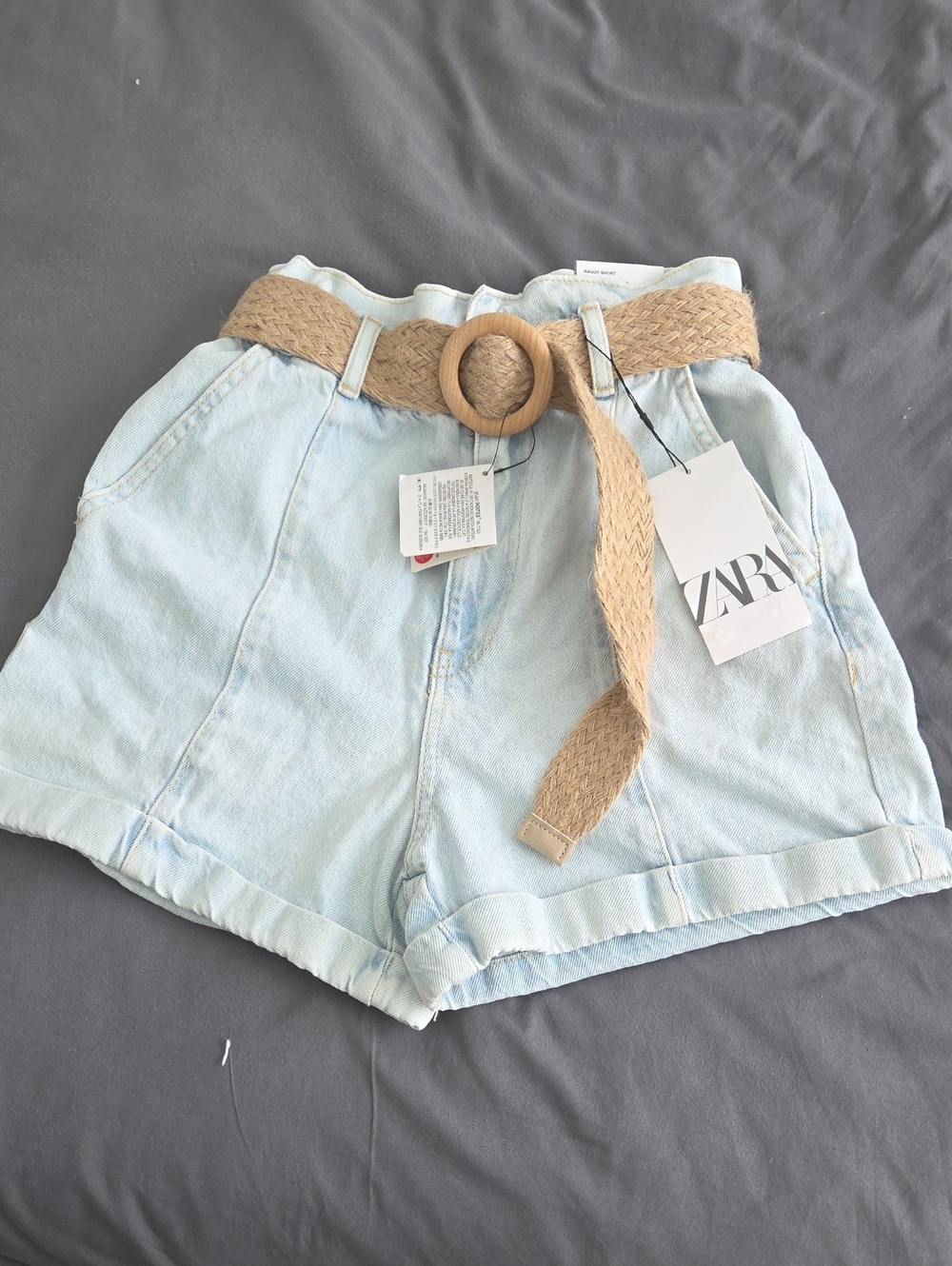 NWT Zara Light Blue Denim High-Waist Paperbag Shorts with Tan Braided Belt